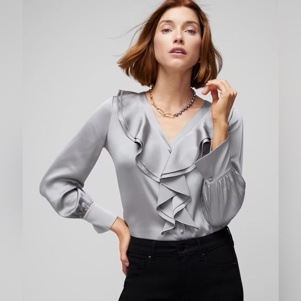 NWT White House Black Market Gray Ruffle Blouse